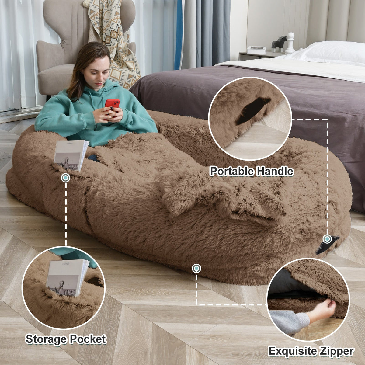 Human Dog Bed - 63 In X 31.4 In X 9.5 In Washable Faux Fur Lounger For Adults & Pets, Cushion With Orthopedic Support, Includes Pillow & Blanket