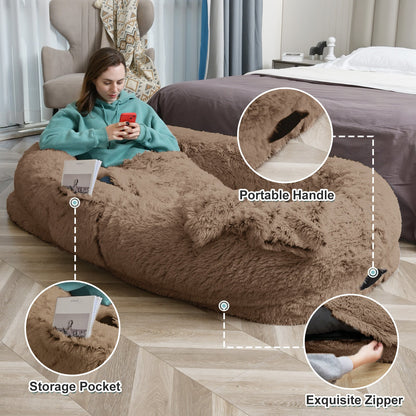 Human Dog Bed - 63 In X 31.4 In X 9.5 In Washable Faux Fur Lounger For Adults & Pets, Cushion With Orthopedic Support, Includes Pillow & Blanket