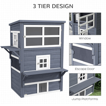 Cat House, Outdoor 3-Tier Kitty Shelter, Weather Resistant, w/ Escape Door