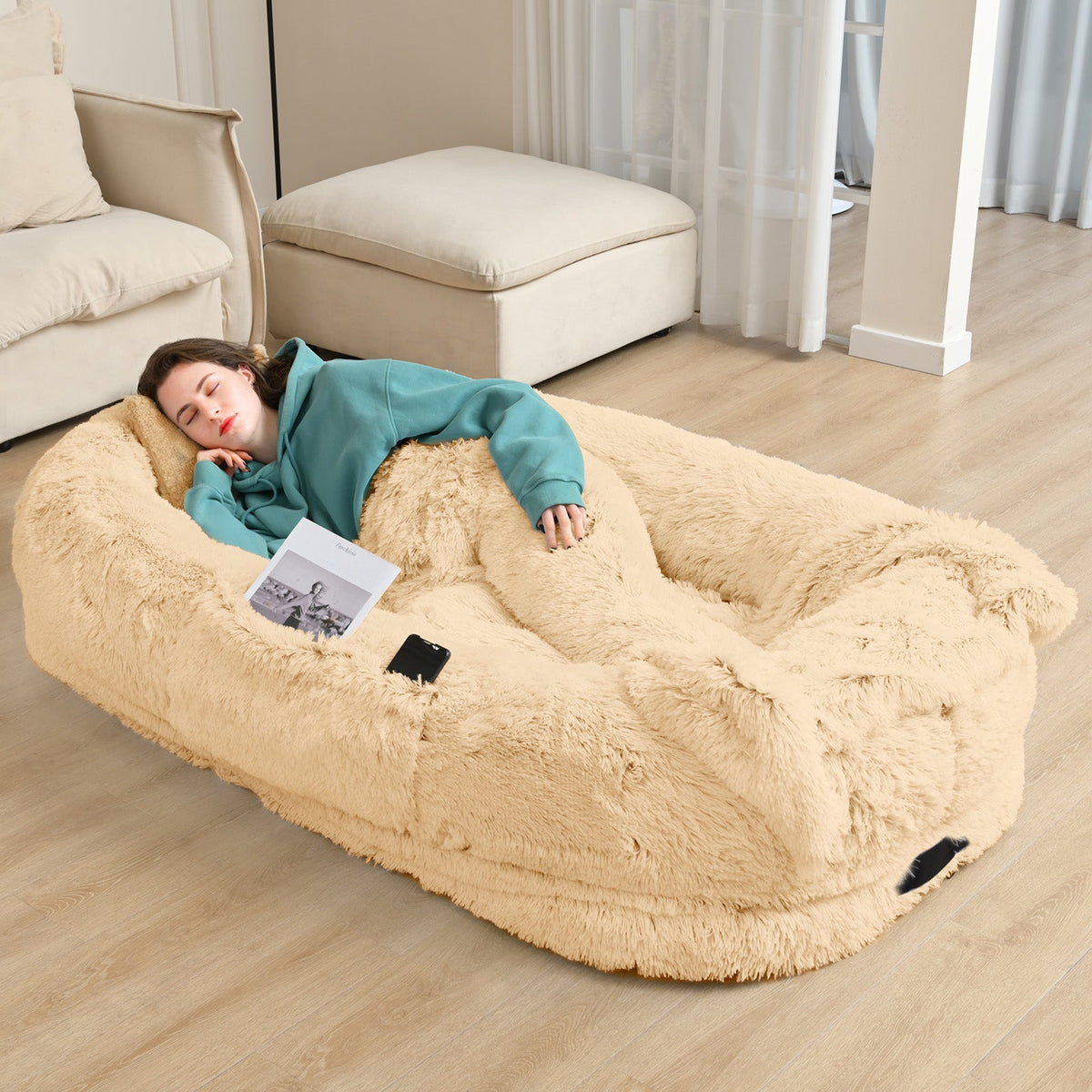 Oversized Human Dog Bed For Adults & Pets, 71 In X45 In X 12 In Ultra Soft Faux Fur Lounger, Washable Floor Bed With Orthopedic Support, Pillow & Blanket Included For Cozy Rest