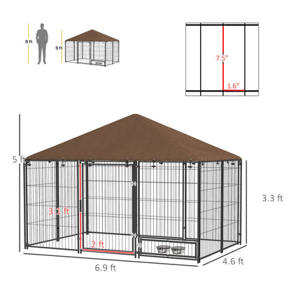 Outside Dog Kennel, 6.9 x 4.6 x 5 Puppy Play Pen with Canopy, Garden Playpen Fence Crate with Rotating Bowl, Black