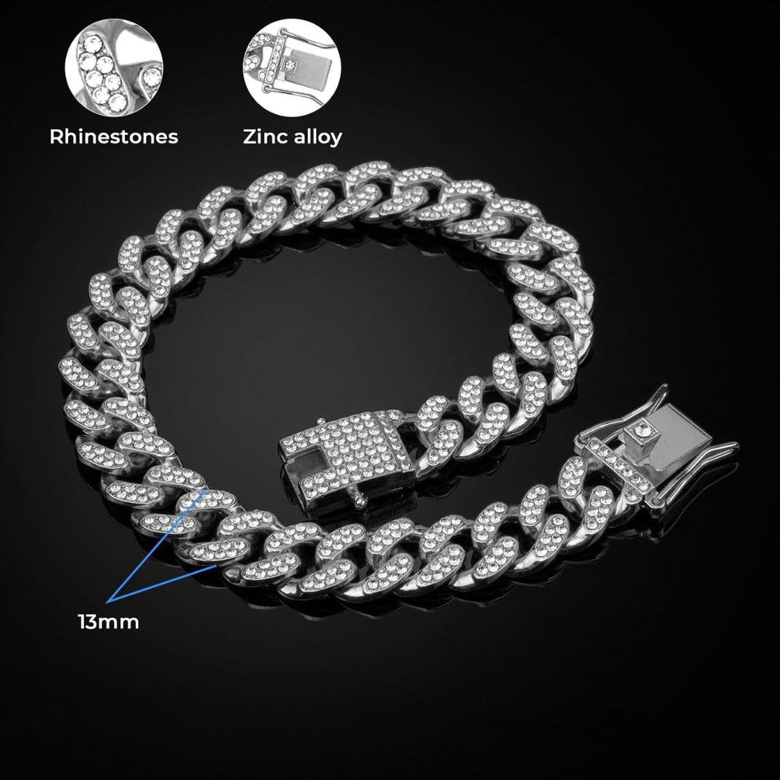 Dog Chain Collar Silver Dog Necklace Diamond Cuban Link Dog Collar 13mm Wide Metal Pet Cat Dog Chain Crystal Collar Jewelry Accessories For Large Medium