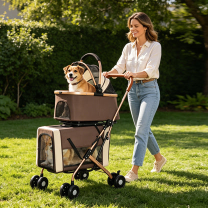 Double Pet Stroller for Dogs and Cats, Foldable Frame, 3-in-1 Convertible Carrier/Tote, Shockproof Wheels, Brake System, Fixed Safety Leashes for Small/Medium Pets in Multi-Pet Homes(Khaki)