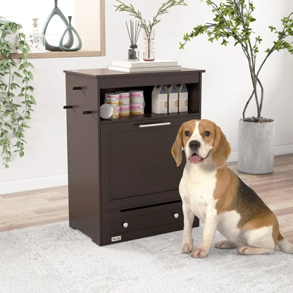 Pet Feeder Station Storage Cabinet, Dog Food Storage Container With Dog Raised Bowls, Watering Supplies, Gray