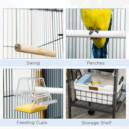45-inch Metal Indoor Bird Cage, Parrot Cage, Bird Aviary with Detachable Rolling Stand, Storage Basket, and Accessories - Black