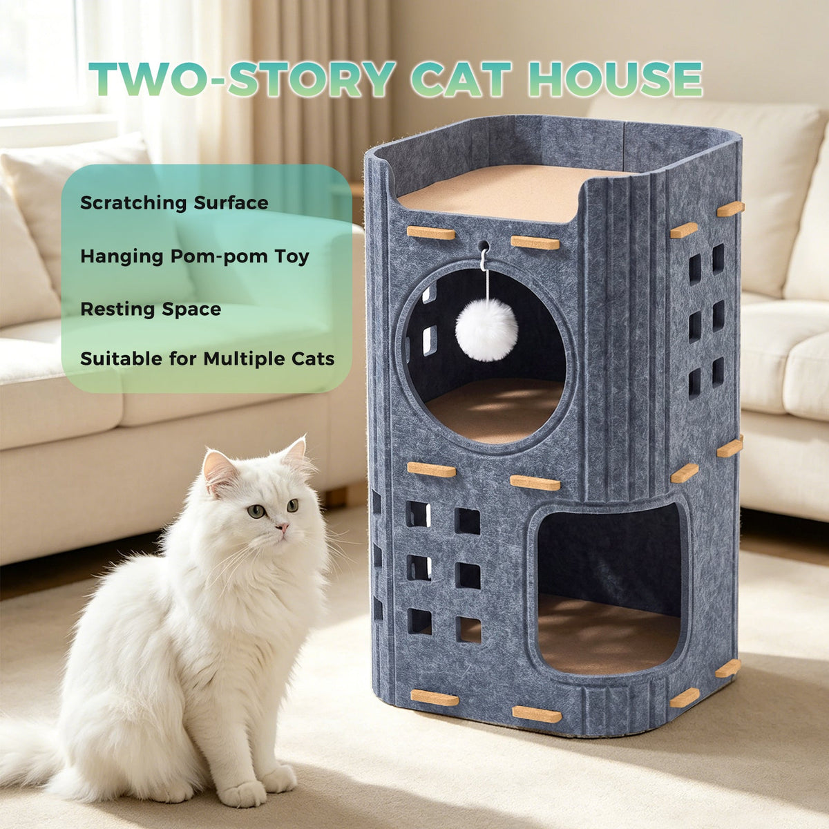 3-Tier Felt Cat Tower House, Multi Level Cat Cave Condo, Indoor Stackable Cat Hideaway Shelter With Hanging Toy Ball