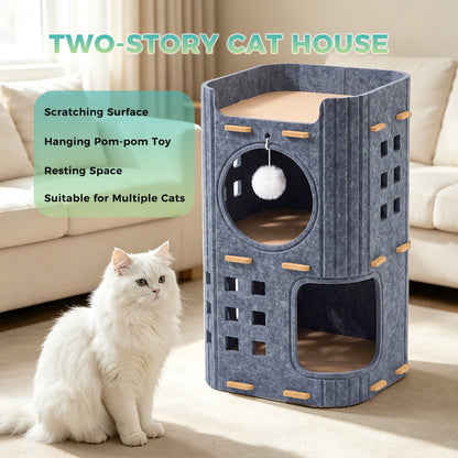 3-Tier Felt Cat Tower House, Multi Level Cat Cave Condo, Indoor Stackable Cat Hideaway Shelter With Hanging Toy Ball