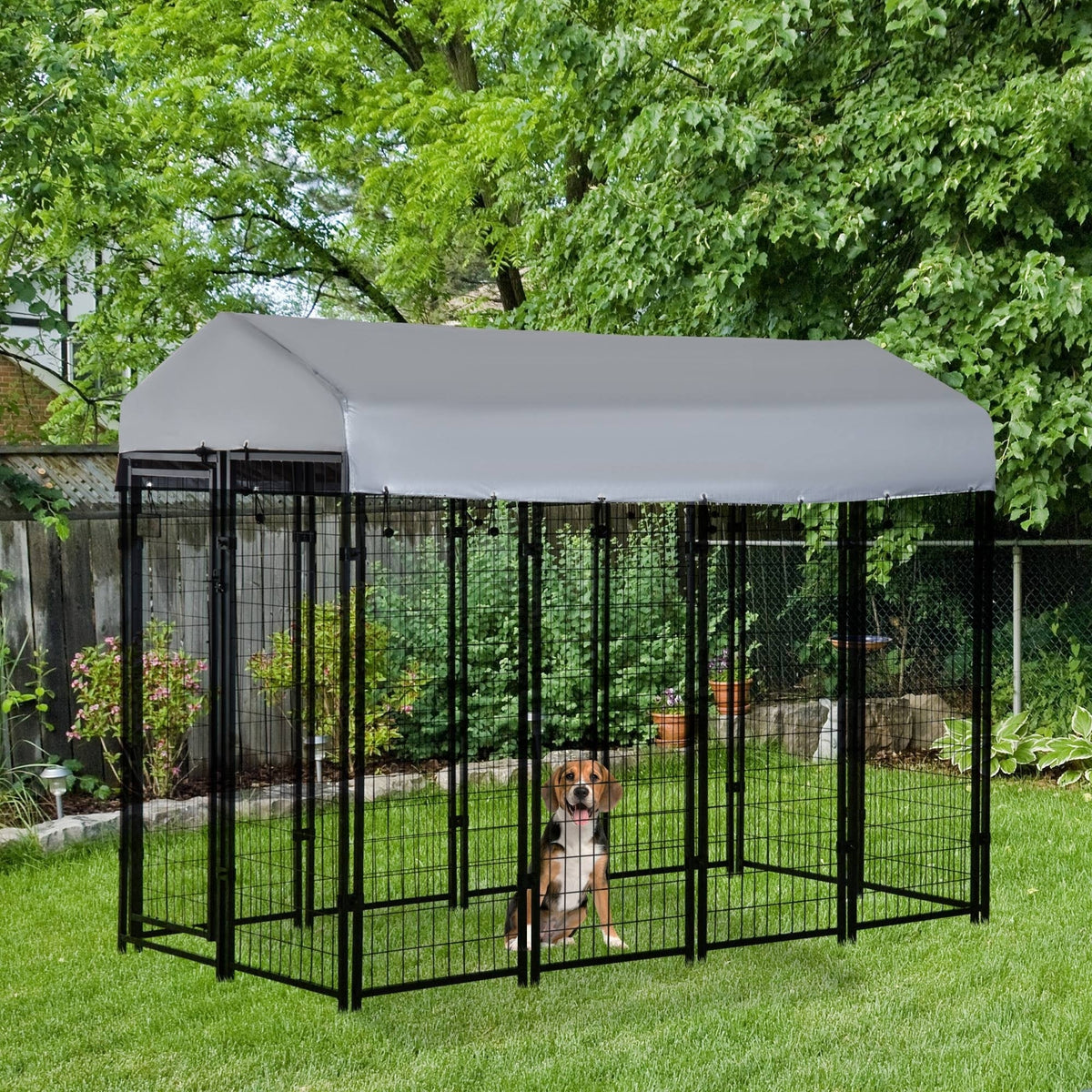 Outdoor Dog Kennel with Roof, 8 x 4 x 6 Heavy Duty Welded Wire Dog Playpen Enclosure with Escape-proof Lock, UV-Resistant & Waterproof Cover, for Large Dogs, Silver