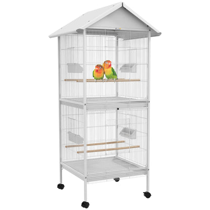 Wrought Metal Bird Cage Feeder with Rolling Stand Perches Food Containers Doors Wheels 67" H, White