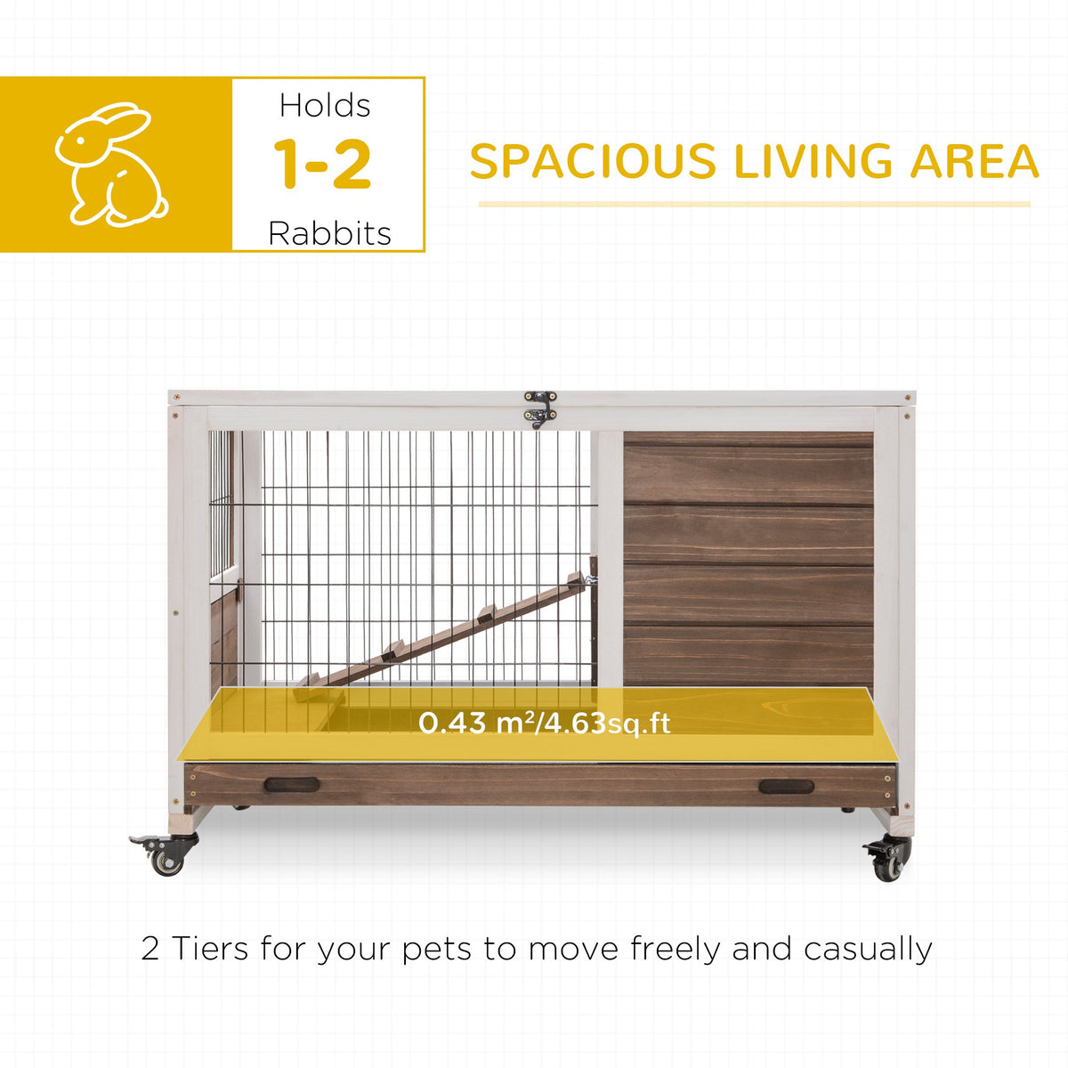 Indoor Rabbit Enclosure, On Wheels, Indoor Bunny Cage Small Animal House With Pull Out Tray Casters Ramp, 35.5 X 21 X 23, Brown