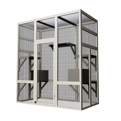 62.6" Gray Outdoor Wooden Cat House Large Catio, Solid Wood Cat Cage Shelter Enclosure Playpen with Anti-UV& Waterproof, 5 Platforms and 2 Resting Boxes