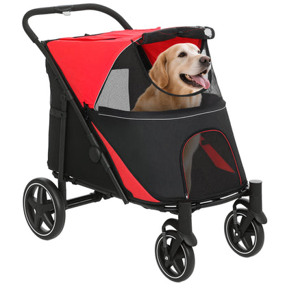 Dog Stroller for Large Medium Small Dogs up to 66 Lbs. 23.5" in Body Length, One-Click Foldable Pet Cat Stroller with Storage, Shock Absorption Wheels, Mesh Window, Safety Leash, Red