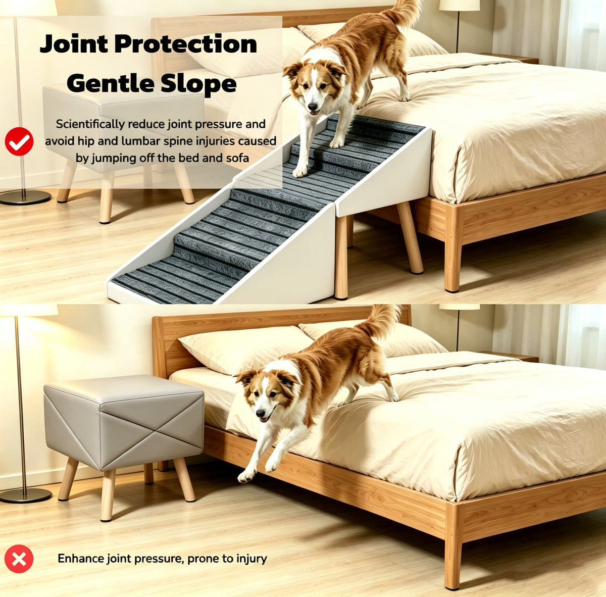2-in-1 Dog Stairs for Bed and Couch 18.89" Foldable Dog Ramp for Couch 4 Pet Steps  & Ottoman for Small Dogs, Beige