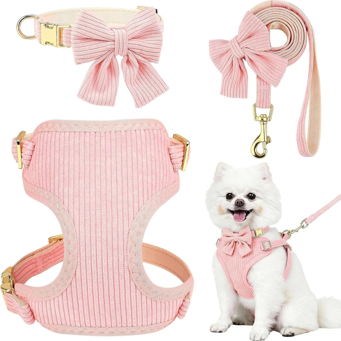 Small Dog Collar Harness And Leash Set, Dog Harness No Pull With Bowtie, Breathable Cotton Adjustable Pet Puppy