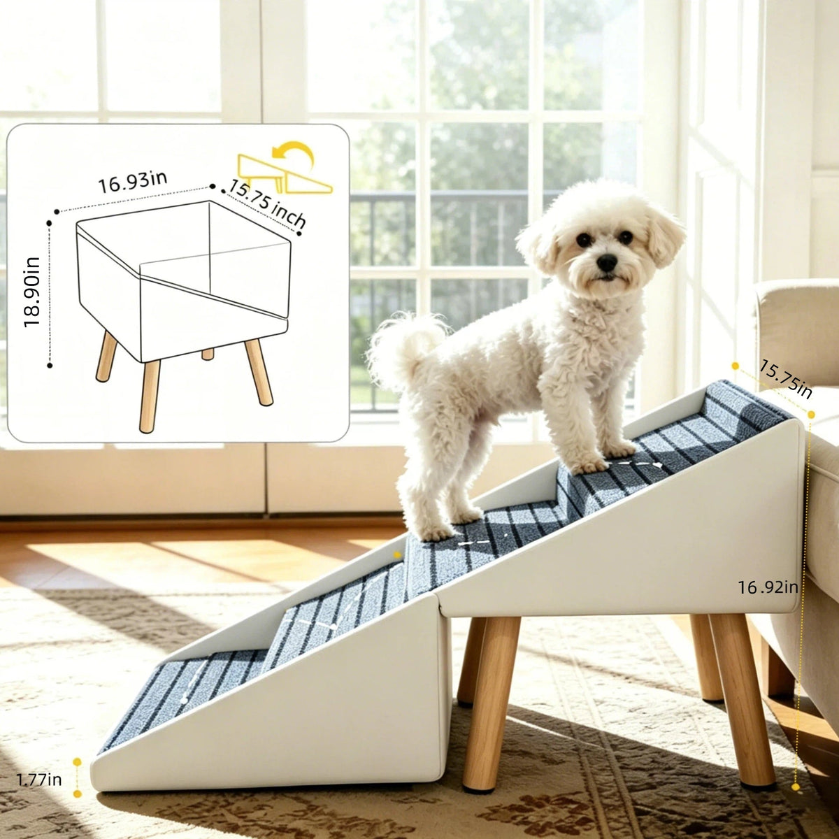 2-in-1 Dog Stairs for Bed and Couch 18.89" Foldable Dog Ramp for Couch 4 Pet Steps  & Ottoman for Small Dogs, Beige