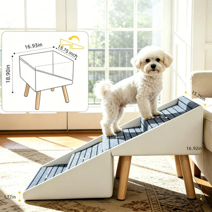 2-in-1 Dog Stairs for Bed and Couch 18.89" Foldable Dog Ramp for Couch 4 Pet Steps  & Ottoman for Small Dogs, Beige