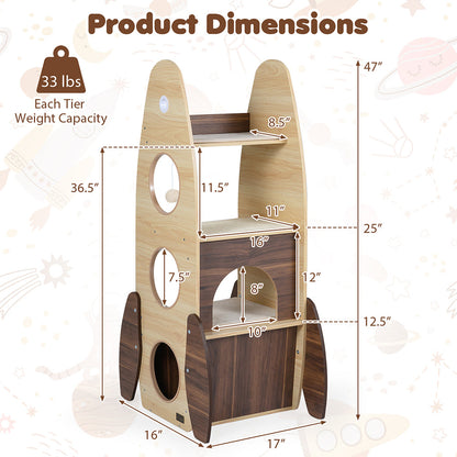 Rocket Cat Tree 47 Inch Large Wooden Cat Tower For Indoor Cats Sisal Scratching Pad Detachable Scratching Mat