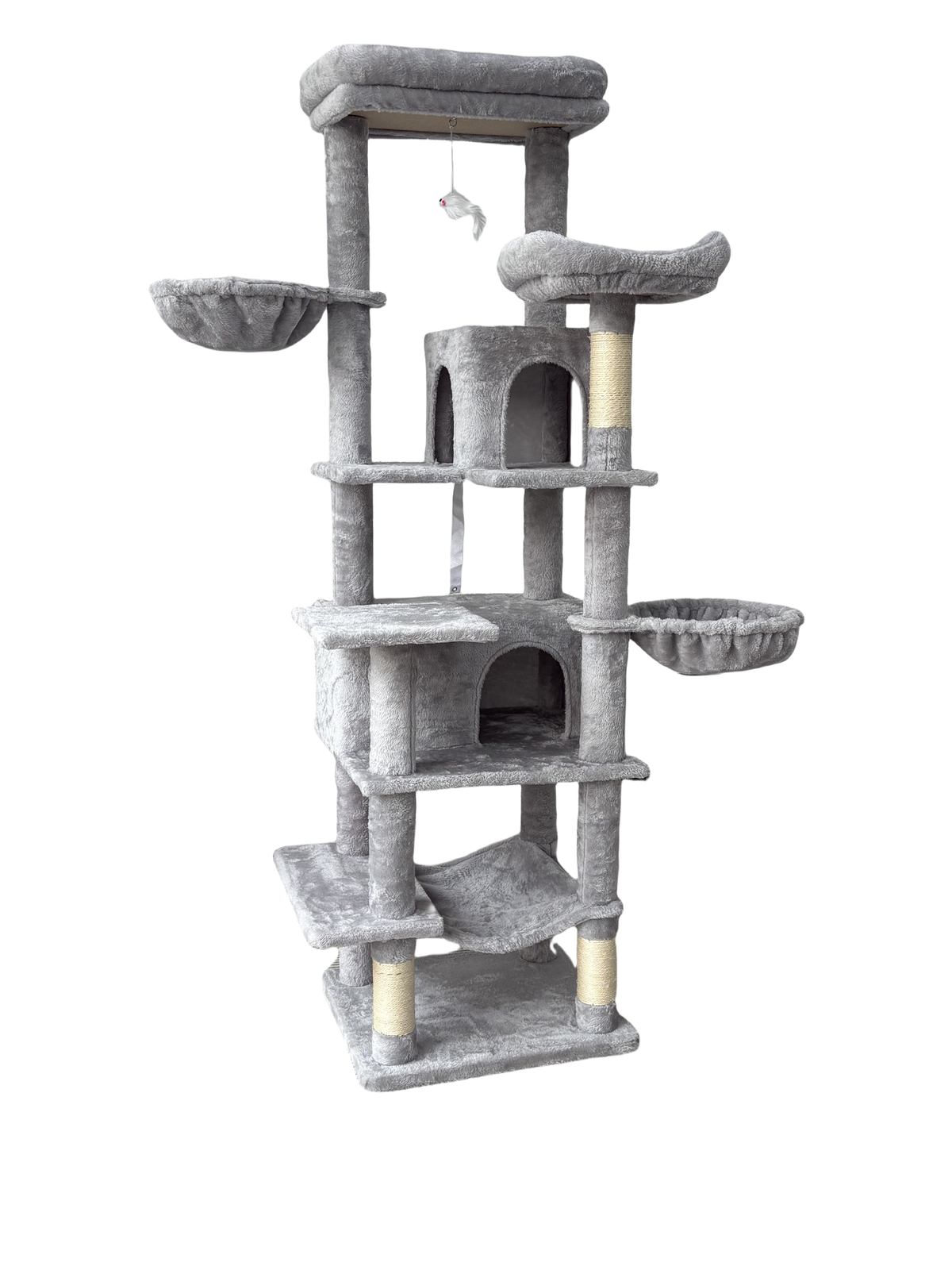 68in Tall Multi-Level Green Cat Tree with Hammocks, Hanging Basket, Cat Cave, Removeable Cushion, Scratching Posts - Plush Cat Tower for Indoor Cats, Perfect for Multiple Cats Grey