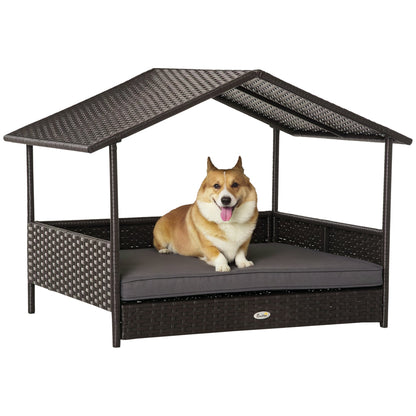 Wicker Dog House Outdoor with Canopy, Rattan Dog Bed with Water-resistant Cushion, Raised Pet Bed for Small, Medium Breeds up to 66 lbs, 20" in Length, Brown Wicker, Gray Cushion