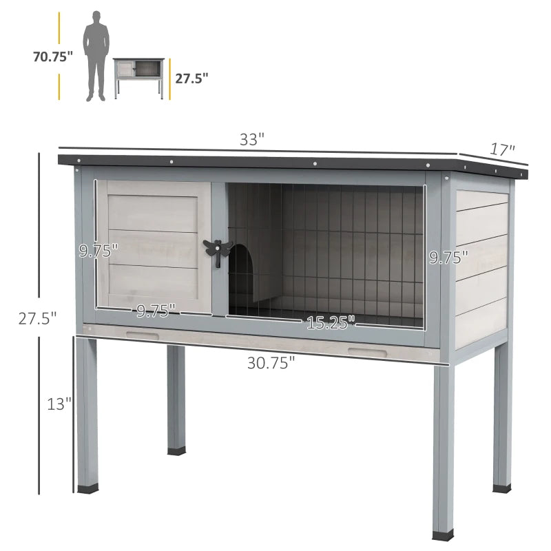 Elevated Rabbit Hutch, Wooden Bunny Cage With Hinged Asphalt Roof And Removable Tray, For IndoorOutdoor, Gray