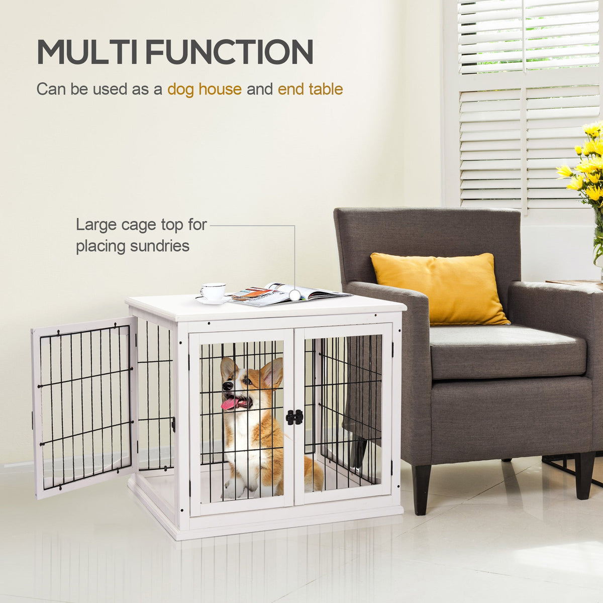 Dog Crate Furniture, 32" Small Dog Cage End Table with 2 Doors, Lockable Door, Puppy Kennel Indoor, White
