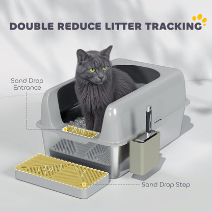 High Sided Stainless Steel Litter Box with Metal Scoop & Scoop Holder, for Easy Clean& Anti-Urine Leakage, Light Gray