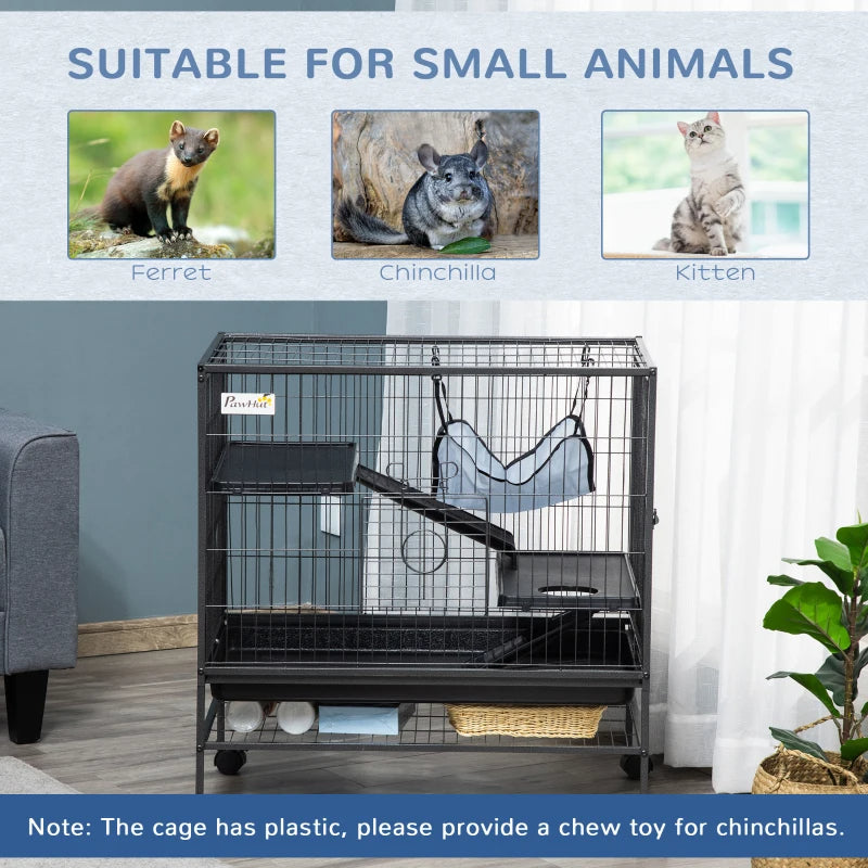 Small Animal Cage With Wheels, Pet Playpen For Rat, Syrian Hamster, Kitten, Ferrets, Chinchillas With Bottom Storage Shelf, Removable Tray, Ramp