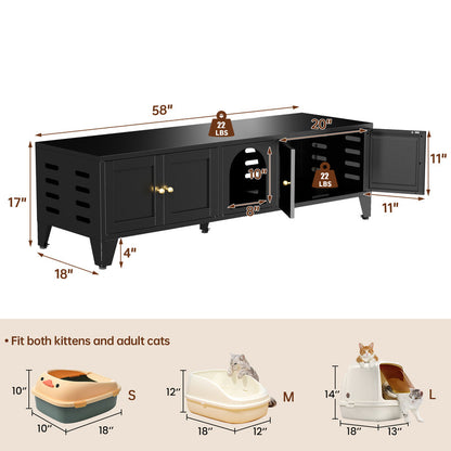 58in Metal Cat Litter Box Enclosure, Hidden Litter Furniture For 2 Cats, Large Indoor Cat House TV Stand Cabinet W Ventilation & 2 Compartments, Black Modern Pet Washroom W Adjustable Legs