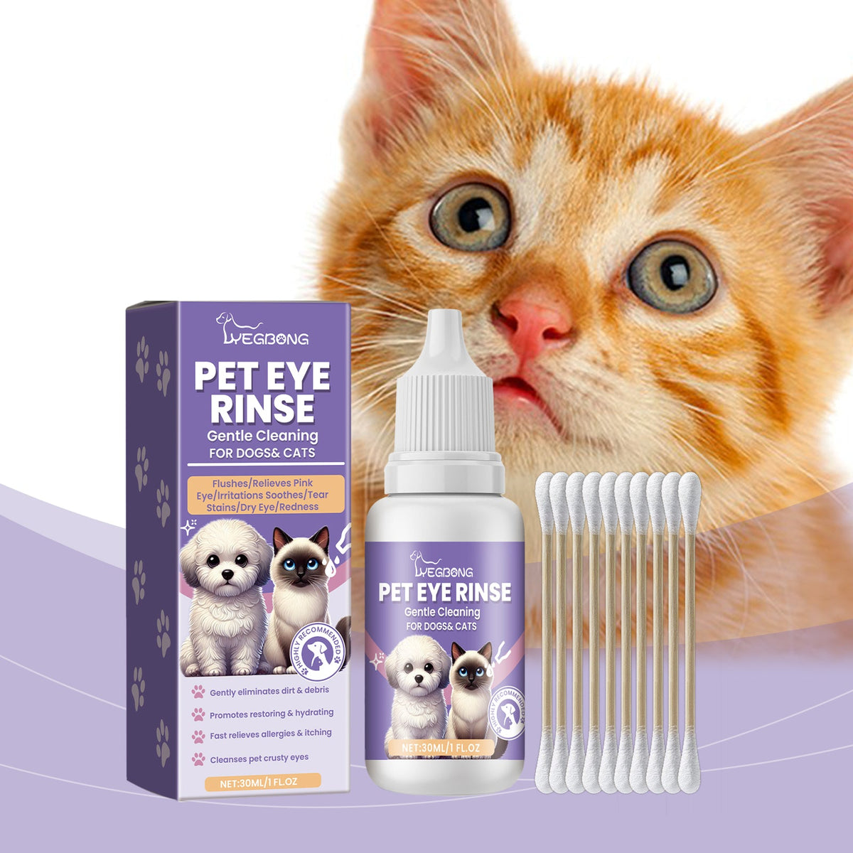 Pet Eye Rinse For Dogs & Cats, Gentle Eye Cleaner Solution With Hyaluronic Acid, Honeysuckle Extract & Taurine, Tear Stain Remover For Daily Eye Care, 30ml With Cotton Swabs
