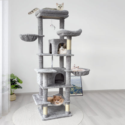 68in Tall Multi-Level Green Cat Tree with Hammocks, Hanging Basket, Cat Cave, Removeable Cushion, Scratching Posts - Plush Cat Tower for Indoor Cats, Perfect for Multiple Cats Grey