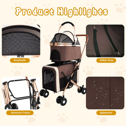 3-in-1 Double Pet Stroller For Small Medium Dogs Cats, Foldable Frame Convertible Pet Carrier Tote, Shockproof Wheels With Brake System, Dual Fixed Safety Leashes For Multi-Pet Households