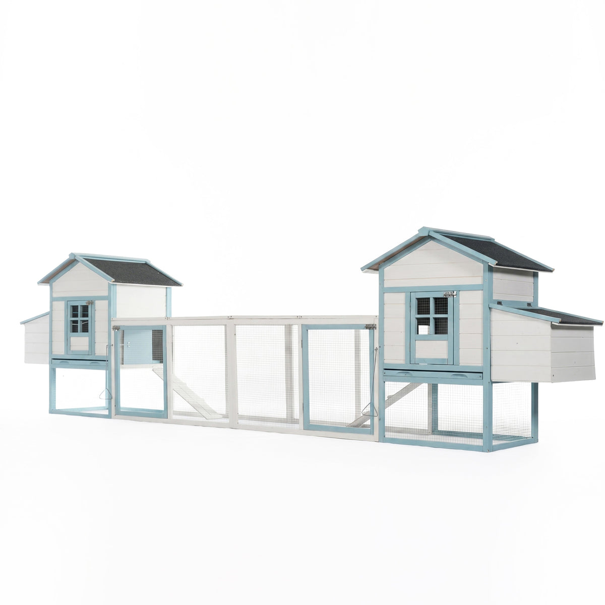 Large Wooden Chicken Coop with Double Nesting Boxes, Outdoor Walk-In Chicken Run with Waterproof Asphalt Roof, Fir Wood Poultry Cage with Pull-Out Dropping Trays, Blue & White Backyard Hen House