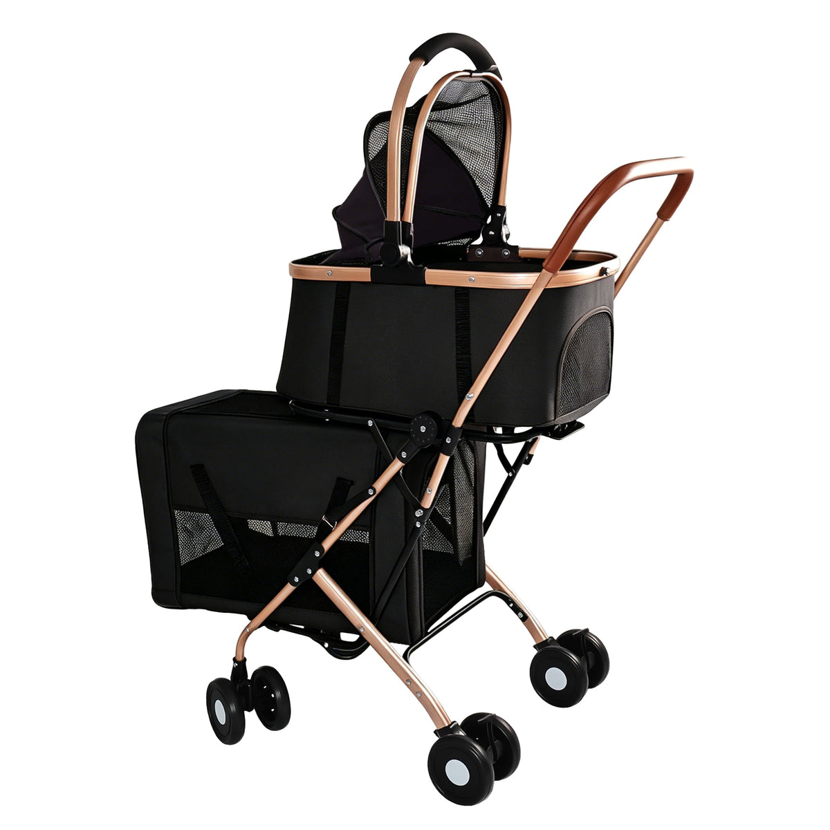 3-in-1 Double Pet Stroller For Small Medium Dogs Cats, Foldable Frame Convertible Pet Carrier Tote, Shockproof Wheels With Brake System, Dual Fixed Safety Leashes For Multi-Pet Households