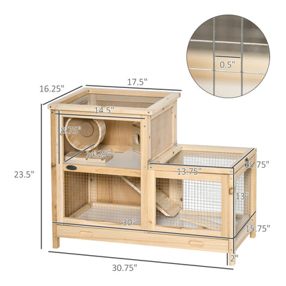 2-Tier Wooden Hamster Cage, Small Animals Hutch, w/ Seesaw, Tray