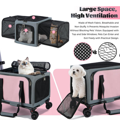 3-Sided Expandable Rolling Pet Carrier With Wheels, Small Cat Dog Travel Carrier, Foldable Portable Bag Grey  For Travel Camping Vet Outdoor Indoor Use