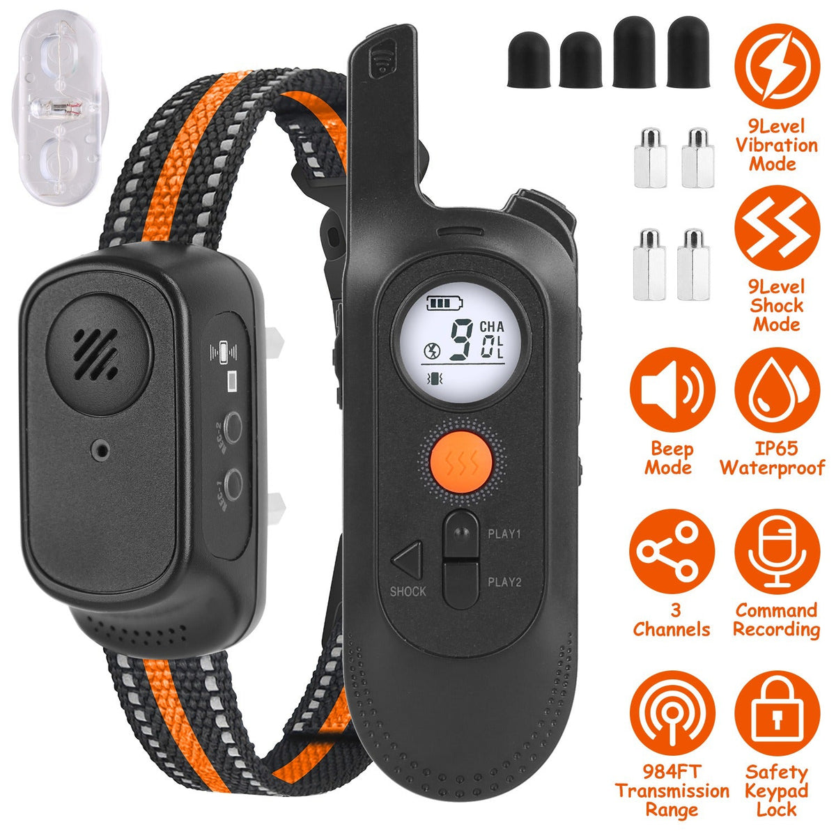 1Pc 984FT Dog Training Collar IP65 Waterproof Pet Beep Vibration Electric Shock Collar 3 Channels Rechargeable Transmitter Receiver Trainer With Recording Safety Keypad Lock