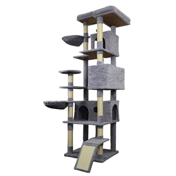 84.6 In Dark Gray Cat Tree Tower With Wide Base, 3 Large Hinding Condo, 11 Sisal Scratching Post, Sisal Scratching Ladder, 2 Hammocks, Large Top Platform, Many Landing Perch And Interactive Toy