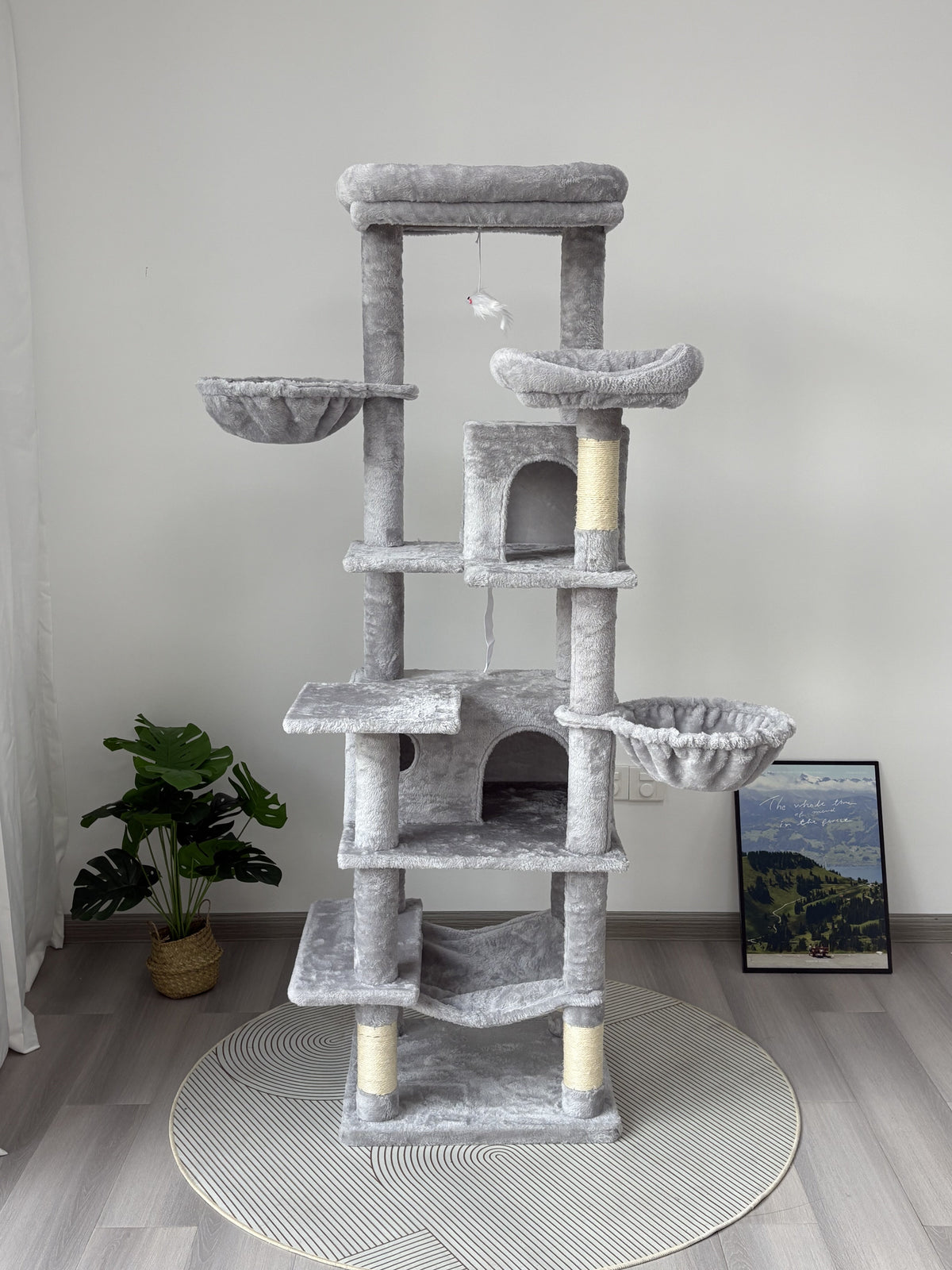 68in Tall Multi-Level Green Cat Tree with Hammocks, Hanging Basket, Cat Cave, Removeable Cushion, Scratching Posts - Plush Cat Tower for Indoor Cats, Perfect for Multiple Cats Grey