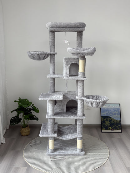68in Tall Multi-Level Green Cat Tree with Hammocks, Hanging Basket, Cat Cave, Removeable Cushion, Scratching Posts - Plush Cat Tower for Indoor Cats, Perfect for Multiple Cats Grey