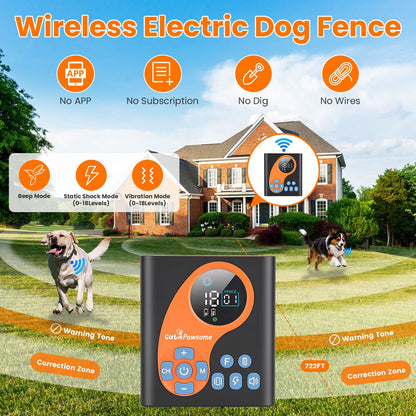 2 In 1 Wireless Dog Fence System With Training Collar Invisible Dog Fence IP68 Waterproof With 722FT Adjustable Range Beep Vibration Static Shock
