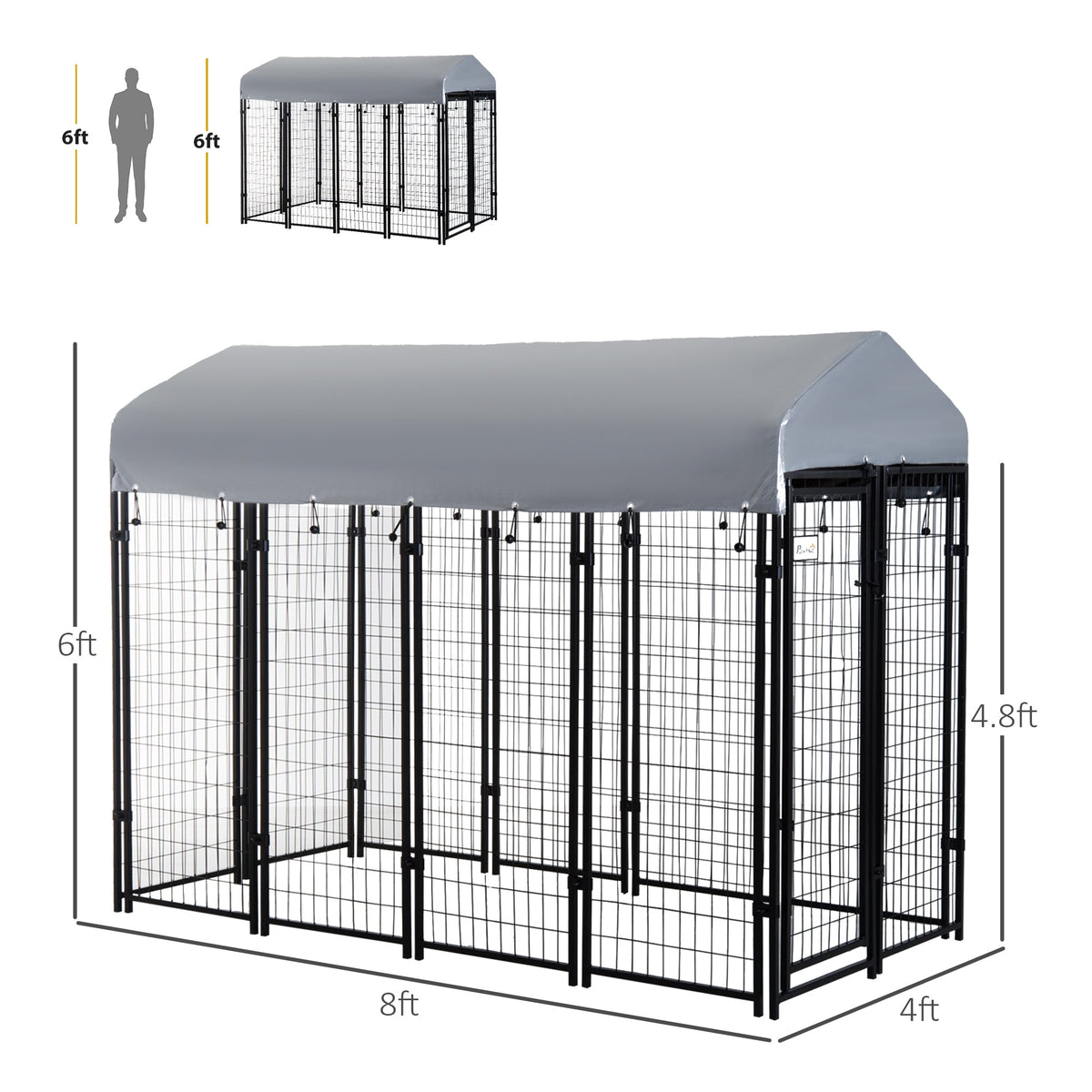 Outdoor Dog Kennel with Roof, 8 x 4 x 6 Heavy Duty Welded Wire Dog Playpen Enclosure with Escape-proof Lock, UV-Resistant & Waterproof Cover, for Large Dogs, Silver