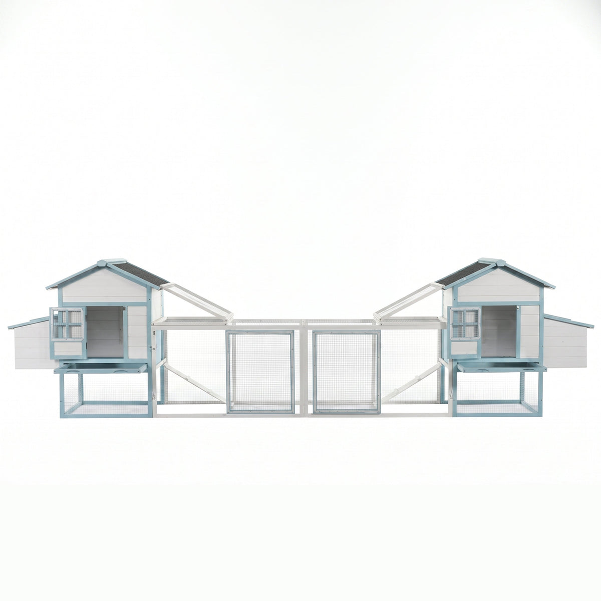 Large Wooden Chicken Coop with Double Nesting Boxes, Outdoor Walk-In Chicken Run with Waterproof Asphalt Roof, Fir Wood Poultry Cage with Pull-Out Dropping Trays, Blue & White Backyard Hen House