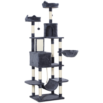 81" Cat Tree w/ Cat Scratching Posts, Scratching Board, Condos, Beds, Hammocks, Toy Balls, Rope Cat Toy, Gray