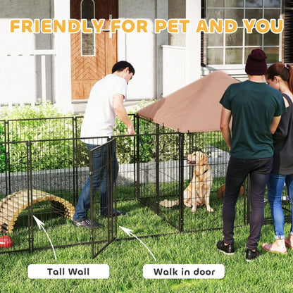 Large Outdoor Dog Kennel With Rotating & Adjustable Height Bowls, Waterproof & UV-Resistant Canopy