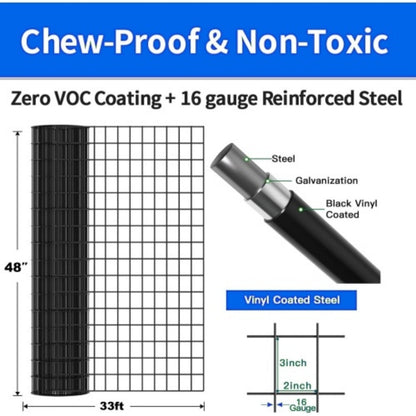 48 INCHx33 FT Black Vinyl-coated Metal Mesh, 16 Gauge 0.67 Inch Black PVC Metal Mesh, Black Welded Wire Mesh Support, Poultry Cage Protective Fence