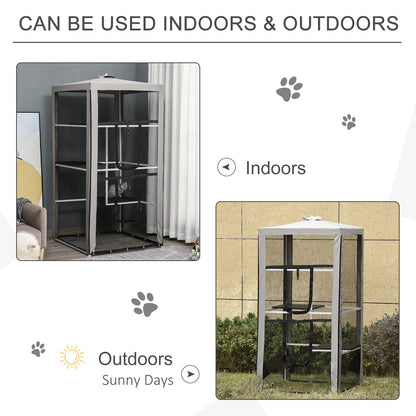 79"H Cat House Kitten Enclosure Mesh Playpen Steel Frame with 3 Platforms, 2 Doors and 4 Sandbags for Stability, Indoor/Outdoor