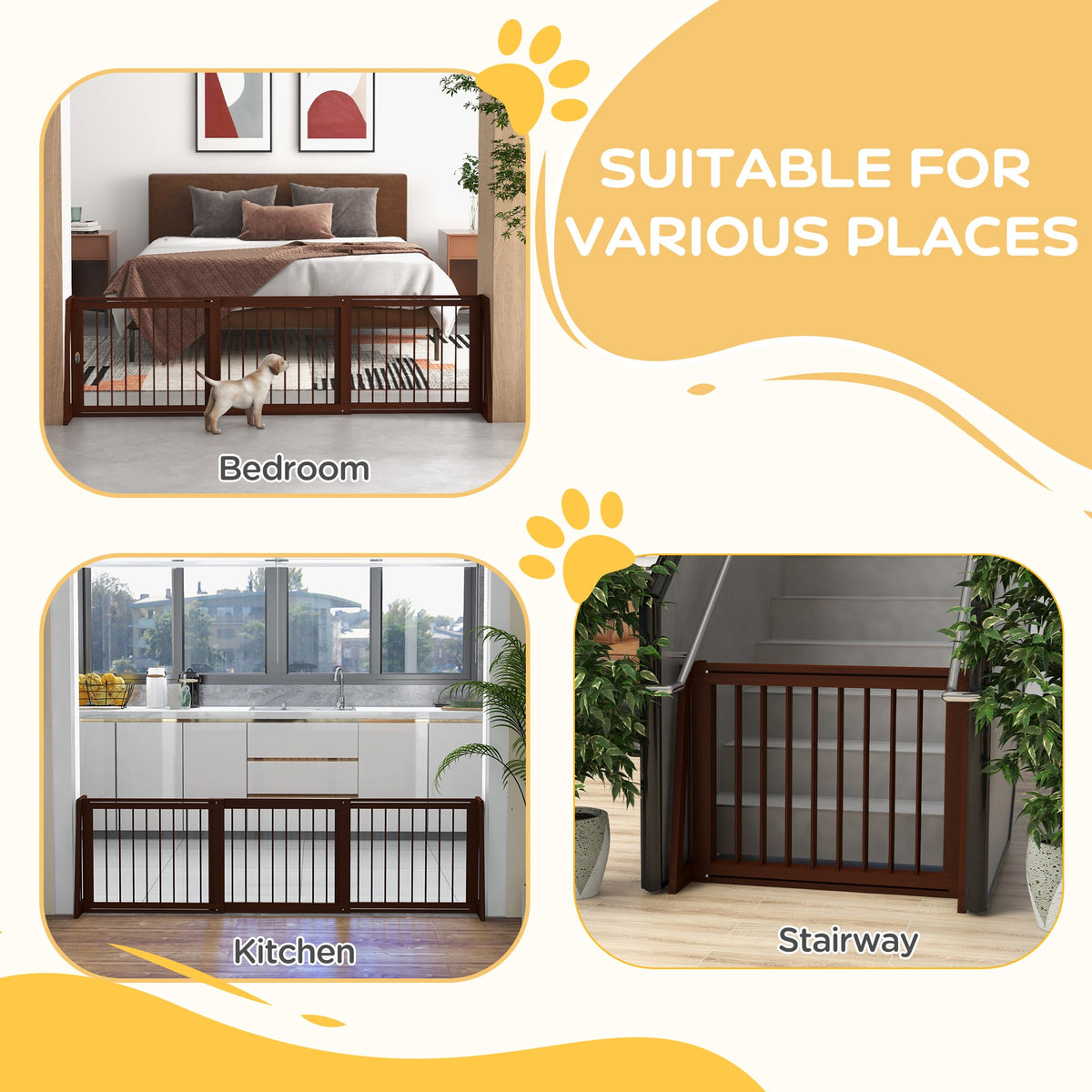 28"-75" Freestanding Wooden Pet Gate with Support Feet & Non-Slip Mats for Indoor, Stairway, Doorway, Brown