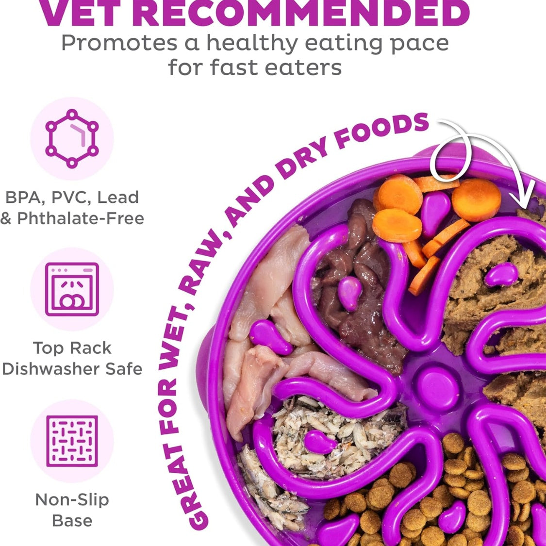 Hound Feeder Slo Bowl  Large 4 Cup Capacity, Slow Feeding, Medium To Large Dogs, Non Slip, Purple, Flower Pattern