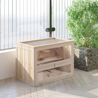 2-Level Hamster Cage Mice and Rat House, Small Animal Habitat for Guinea Pigs, Chinchillas with Openable Top, Front Door, Shelf and Ladder, Natural