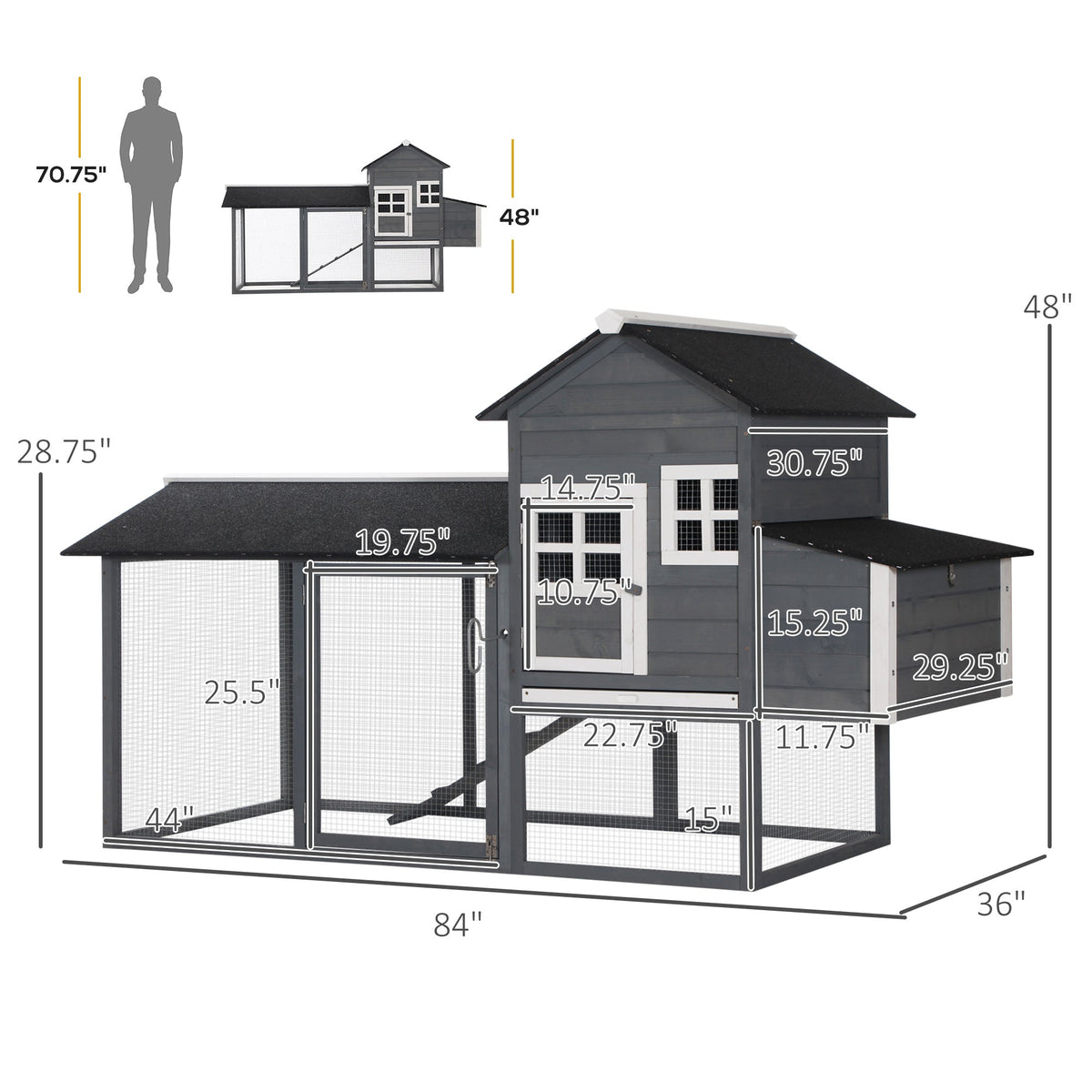 84" Wooden Chicken Coop, Hen House Outdoor with Run Nesting Box, Asphalt Roof, Removable Tray, Ramp, Poultry Cage for 2-3 Chickens, Gray